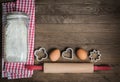 Flour, rolling pin, eggs and moulds Royalty Free Stock Photo