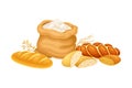 Flour Sack and Sweet Pastry and Bread Loaf Vector Composition