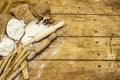 Flour in sacks, ears of grain, spoons and wooden rolling pins