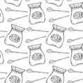 Flour seamless pattern. Kitchen pattern for recipe book design. Flour with spoons background