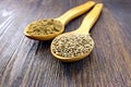 Flour and seed of hemp in spoon on board