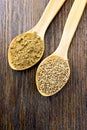 Flour and seed of hemp in wooden spoon on board