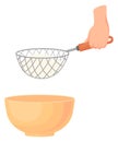 Flour sifting icon. Cartoon sifter in human hand