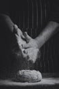 Flour is sprinkled over a ball of dough on a wooden board by hand in artistic conversion Royalty Free Stock Photo