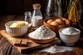 flour, sugar, and butter ingredients on wooden table