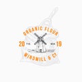Flour Windmill Abstract Vector Sign, Symbol or Logo Template. Hand Drawn Windmill and Flour Bag with Scoop Sketch Royalty Free Stock Photo