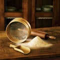 Flour, wooden spoon, wooden sieve for the flour, wooden roller f