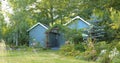 Flourishing farm backyard with sheds and garden house