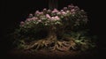 Ancient Rhododendron Tree With Flowers and Strong Roots in Dark Forest Royalty Free Stock Photo