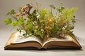 Flourishing Pages: Open Book with Wild Plant Life. Generative AI
