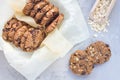 Flourless gluten free peanut butter, oatmeal and chocolate chips cookies, horizontal Royalty Free Stock Photo