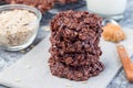 Flourless no bake peanut butter and oatmeal chocolate cookies  with glass of milk, horizontal Royalty Free Stock Photo