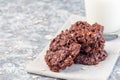 Flourless no bake peanut butter and oatmeal chocolate cookies  with glass of milk, horizontal, copy space Royalty Free Stock Photo