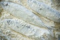 Floury fish on a wooden background Royalty Free Stock Photo