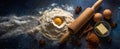 The Floury Scene of Baking Ingredients with Rolling Pin and Eggs.AI generated image Royalty Free Stock Photo