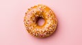 Floury sweet chocolate donut with coconut flakes on a pink background. advertising banner