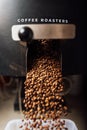 The flow of coffee beans from open flap of the cooling mixer of roasting machine Royalty Free Stock Photo