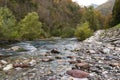 The flow a creek through the colorful autumn mountains