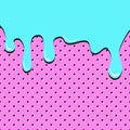 Flow down azure liquid on pink polka dot pattern. Bright comic background in pop art style. Vector illustration Royalty Free Stock Photo