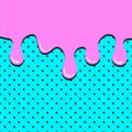 Flow down pink liquid on azure polka dot pattern. Bright comic background in pop art style, space for your text. Vector