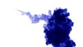 A flow of isolated blue ink inject. Blue colour dissolves in water, shot in slow motion. Use for inky background