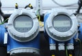 Flow meters set in a dosing systems hall of the water pumping station Royalty Free Stock Photo