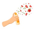 Flower aerosol. Hand applying fresh perfume spray air freshener or deodorant with flowers scent rose smell water, beauty