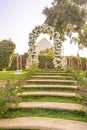 Flower arch as selfie spot with Cheops pyramid