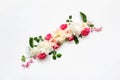 Flower arrangement of Alstroemeria, eustoma, roses, Bleeding heart on a white background