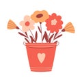 Flower arrangement, bouquet in a bucket with heart. Botanical composition with cute sinple flowers in cartoon style Royalty Free Stock Photo