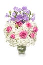 Flower arrangement bouquet of yarrow, blue bell and rose in a vase isolated on white background Royalty Free Stock Photo