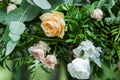 Flower arrangement close up. Different kinds of roses in flower bunch Royalty Free Stock Photo