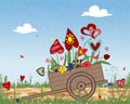 Flower arrangement of colorful hearts in a handcart, Valentine`s day, happy birthday.