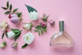 Flower arrangement. Flowers, fragrance, perfume on pink background Royalty Free Stock Photo
