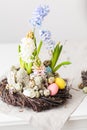 Flower arrangement in a nest with easter eggs on a white table Royalty Free Stock Photo