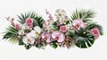 Flower arrangement with orchids and palm leaves on white background Royalty Free Stock Photo