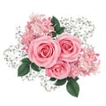 Flower arrangement with pink roses and hydrangea isolated on white.