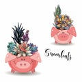 Flower arrangement of succulents. In funny pots in the form of pigs. Vector illustration