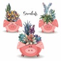 Flower arrangement of succulents. In funny pots in the form of pigs. Vector illustration