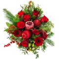 Flower arrangement top view. Red roses bouquet Christmas decoration