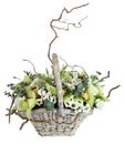 Flower arrangement in wicker basket, bouquet of orchids, lisianthus, eucalyptus.