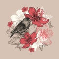 Flower Background With Bird, Butterfly And Floweri