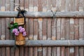 Flower in bamboo vase hanging on bamboo fence background - Japanese Ikebana Royalty Free Stock Photo