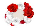 Flower banner. Bright red roses and white mallow, rudbeckia flower and circle of paper in the center.