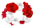 Flower banner. Bright red roses and white mallow, rudbeckia flower on white background