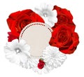 Flower banner. Bright red roses and white mallow, rudbeckia flower on white background