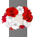 Flower banner. Bright red roses and white mallow, rudbeckia flower on the white black striped background. Royalty Free Stock Photo