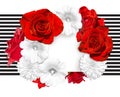 Flower banner. Bright red roses and white mallow, rudbeckia flower on the white black striped background.