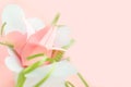 Flower banner. Close up composition of pink Origami paper tulip with green decorations in white box-heart on pink background Royalty Free Stock Photo