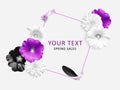 Flower banner. Pink, white black flowers on the white background. Place for text. Mallow, Rudbeckia flowers. Fashion background.